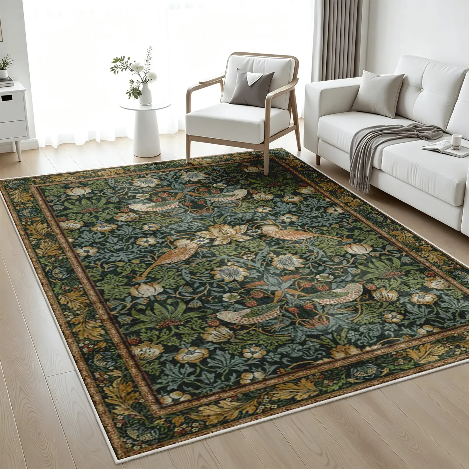Vintage Botanical Bird Area Rug, Dark Green Floral and Bird Carpet, Soft Plush Faux Cashmere, Non Slip Washable Floor Cover for Living Room Dining Room Bedroom Office, Elegant Home Decor, Room Decor (Various Sizes)