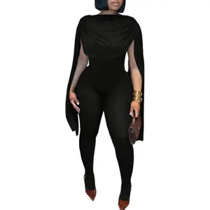 Womens Bodycon Sexy Jumpsuit Ruched Cape Long Sleeve See Through Mesh Pants Rompers Stretch One Piece Clubwear