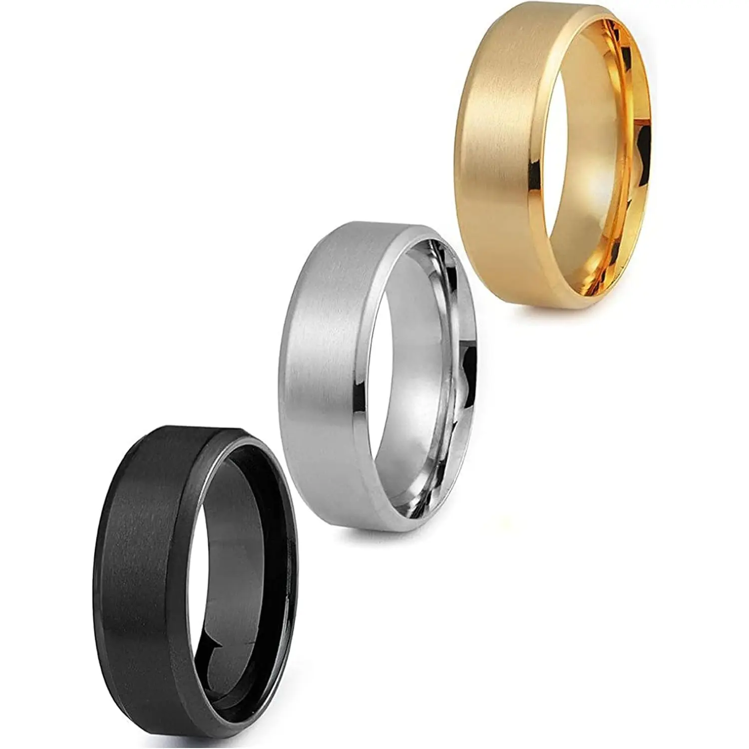 3 Pcs 8MM Comfort Fit Stainless Steel Wedding Band Set for Men, Silver Gold Black Engagement Promise Ring Hypoallergenic Daily Jewelry Gift for Him