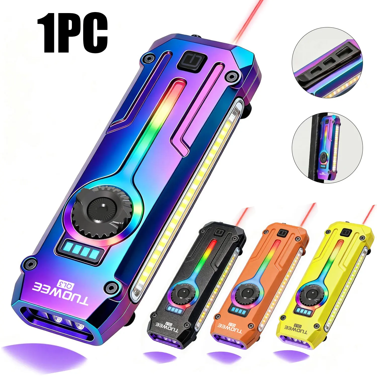 Flat Edc Flashlight 1800 High Lumens, Stainless Steel Rechargeable Pocket Light, USB-C Dimmable, Iridescent Design, High Lumens Flashlights