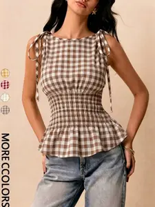 Women's Plaid Tie Shoulder Ruffle Top, Waist Cinch Sleeveless Shirt Mm-6001, Stylish Casual Wear, Perfect for Daily