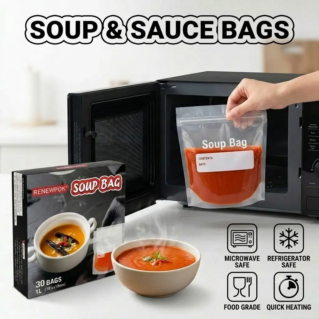 Reusable Soup Bags for Freezer and Microwave, 0.5L/1L Stand Up Food Storage Bags, Leakproof Liquid Storage Pouches, 30 Pack