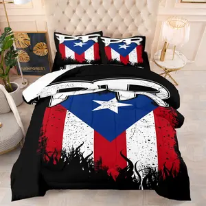 2/3Pcs Boricua Pride Puerto Rico PR Flag Comforter Set, 1 Comforter and 1-2 Pillowcases, Vintage Street Style & Flame Cracked Print, Soft Microfiber All Season, Bold Streetwear Bedroom Dorm Decor, Gift for Puerto Rican Culture Lovers