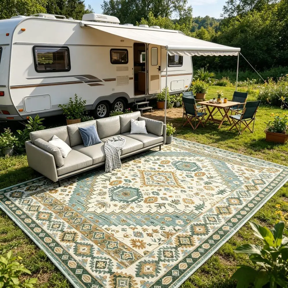ORHOPUI Outdoor Rug for Patio Deck RV Camping, Vintage Boho Area Rug, Lightweight Foldable Outdoor Carpet for Balcony Backyard Picnic Porch, Easy Clean Reversible Floor Mat, 5x7 6x9 8x10 9x12