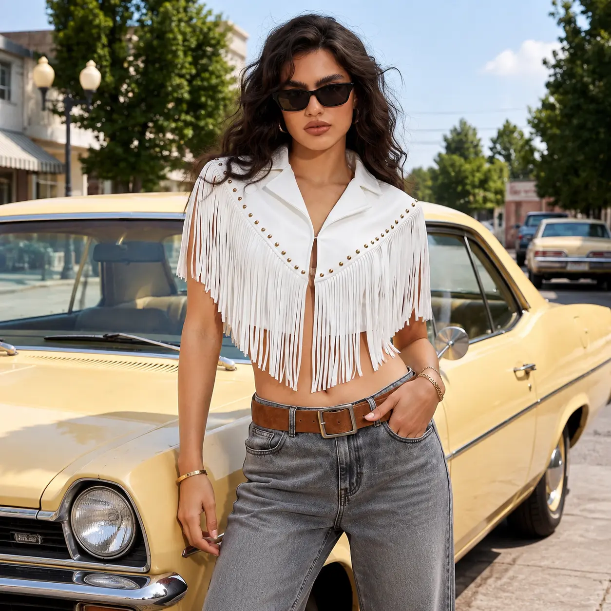 Western Fringe Jacket for Women, Cropped Cowboy Style Open Front Jacket with Studded Fringe Detail, Boho Western Statement Outerwear