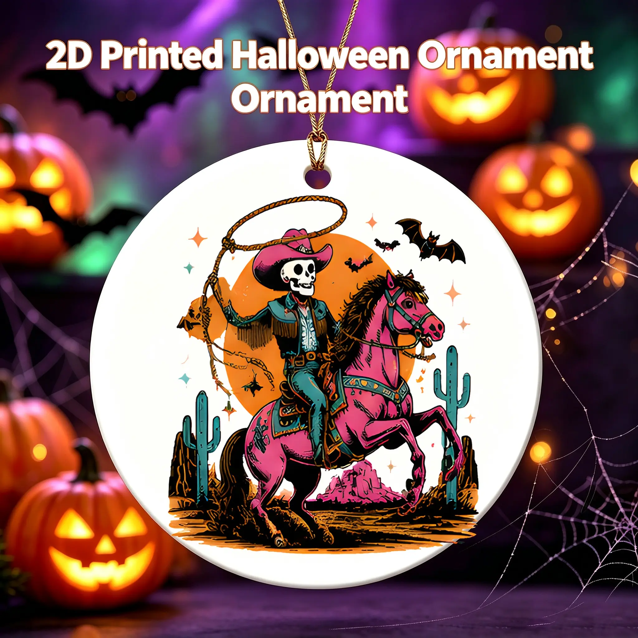 Halloween Western Style Ceramic Ornament Skeleton Cowboy Riding Pink Horse With Lasso And Cactus Design Ceramic Hanging Decoration For Halloween Party Home Tree Decor 3 Inch