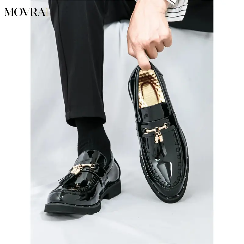 MOVRA1 Unisex Bright Red Patent PU Leather Loafer Slip-Ons - Metallic Tassel, Studded Platform, All Seasons Unisex Wear for Party Outings