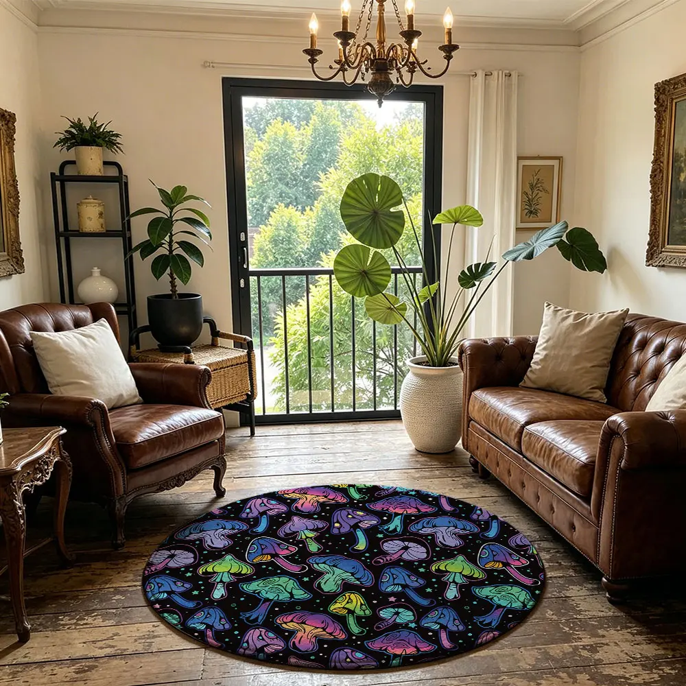 Colorful Mushroom Pattern Round Rug, Machine Washable Soft Non‑Slip Floor Mat for Entry Bedroom Balcony Decor