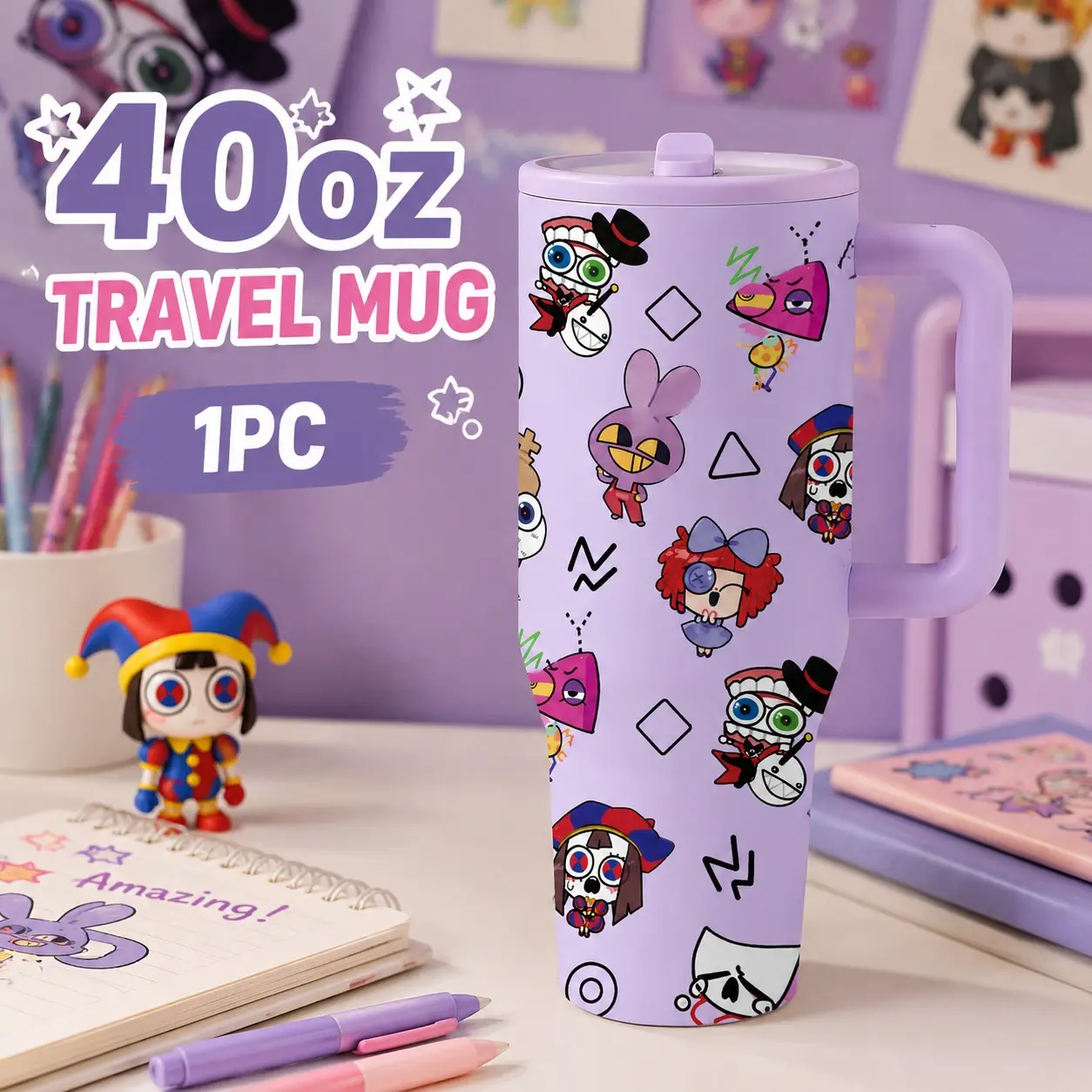 1 Pc 40oz The Amazing Digital Circus Colorful Cartoon Insulated Tumbler with Handle, Double Wall Vacuum Travel Mug, Cute Character Design Coffee Cup, Perfect for Office, School, Travel, Daily Use, Birthday, Christmas & Holiday Gifts