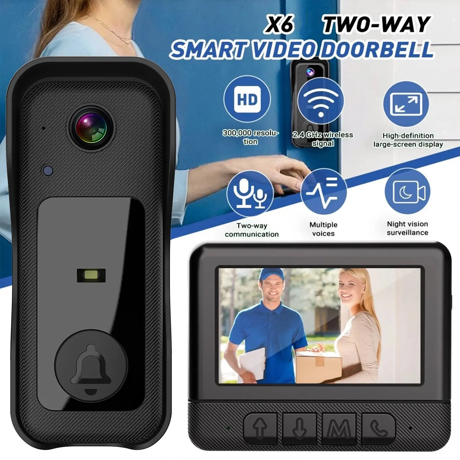 X6 Smart Video Doorbell, 4.3 Inch Color Screen, HD Video Intercom, Long Battery Life, No Internet Needed, Supports Video Call, Two-Way Audio, Video Doorbell Wireless
