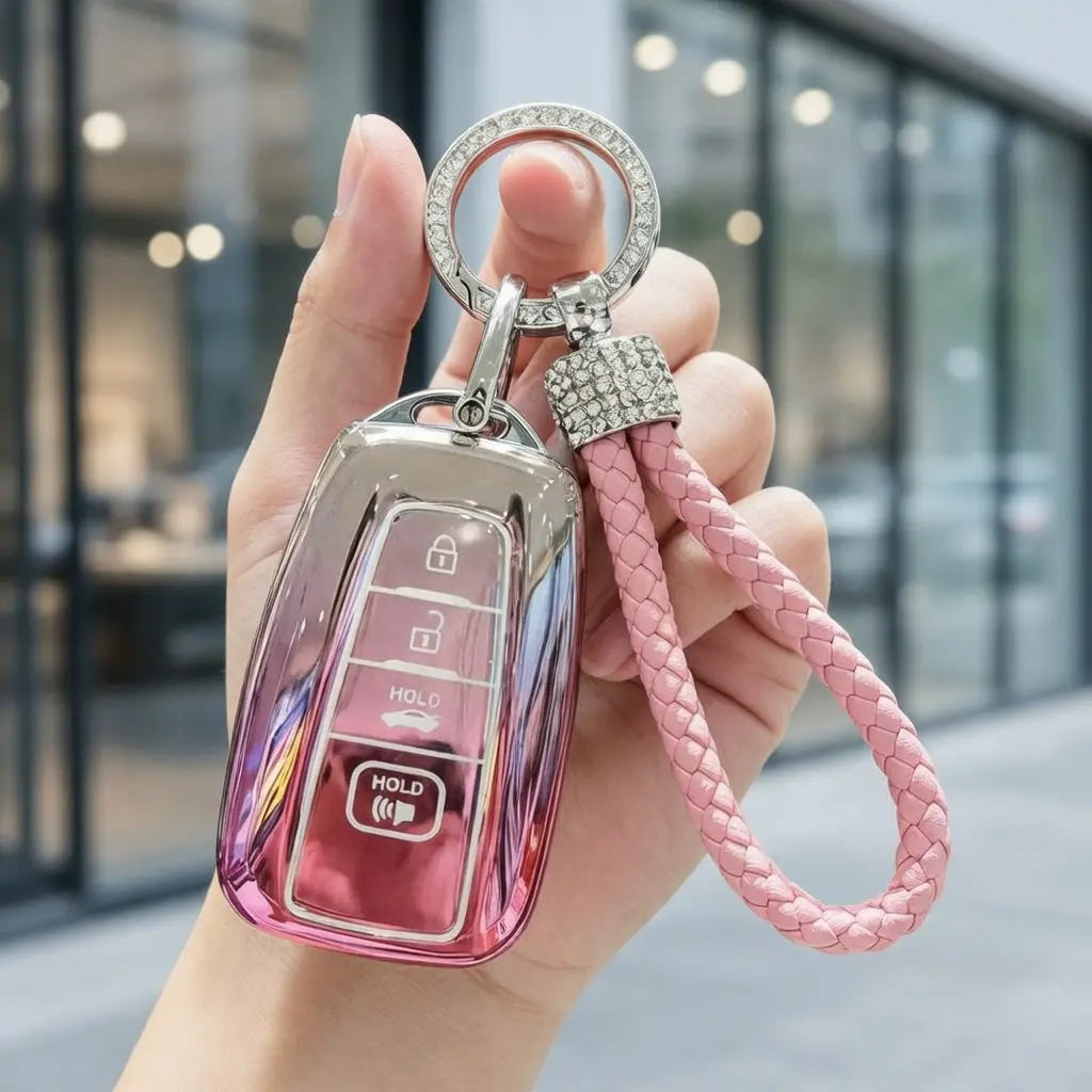 Pink Rhinestone TPU Alloy Plastic Car Key Fob Cover for Toyota - Soft One Size Fits Holder with Trendy Cute Keychain, Girly Accessories, Protects Key Fobs for RAV4, Camry, Corolla, Avalon, C-HR, Prius, Highlander, GT86 (Fall Gift Option)