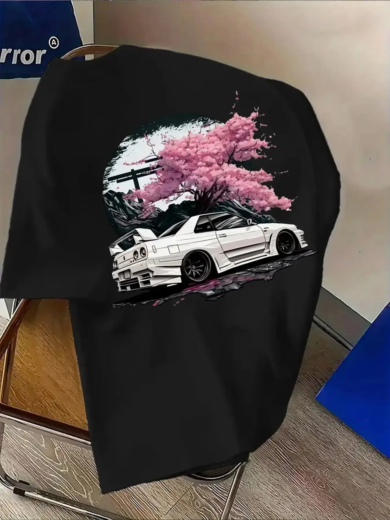Men's Oversized JDM Nissan GTR R34 Graphic T-Shirt - Japanese Cherry Blossom & Torii Gate Design, Front Small Logo & Back Full Print, Soft Streetwear Shirt, Relaxed Fit, Perfect for JDM Car Enthusiasts