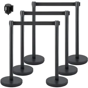 VEVOR Crowd Control Stanchion Set, Stanchion Set with 6.6 ft/2 m Black Retractable Belt, Black Crowd Control Barrier w/Concrete and Metal Base - Easy Connect Assembly (4)