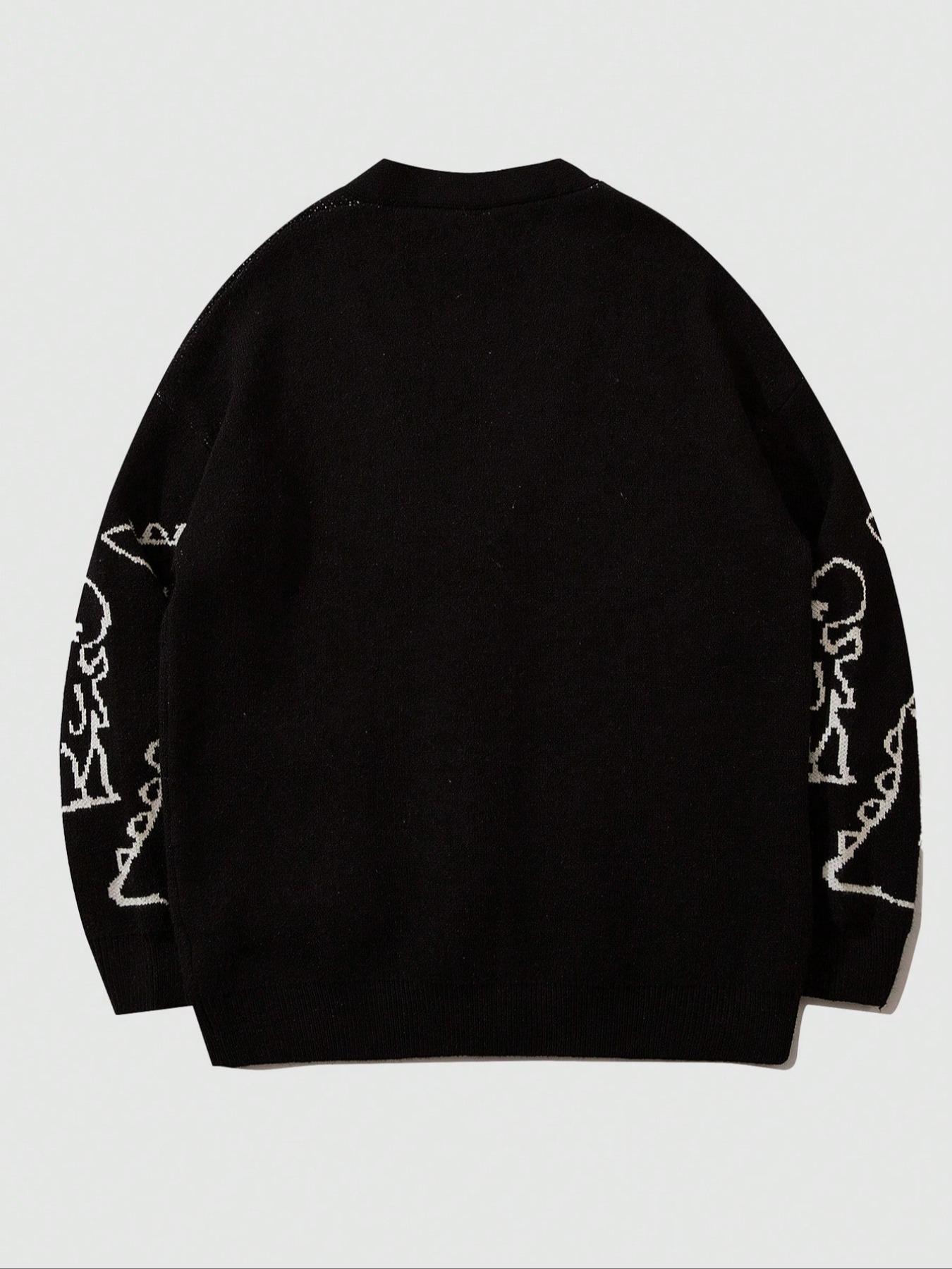 Men's Cartoon Dinosaur Print Pocket Button Front Cardigan, Loose Casual Drop Shoulder Long Sleeve V Neck Knitwear for Spring & Fall, Fashion Men's Knit Clothing for Daily Wear, Cartoon Print Sweater