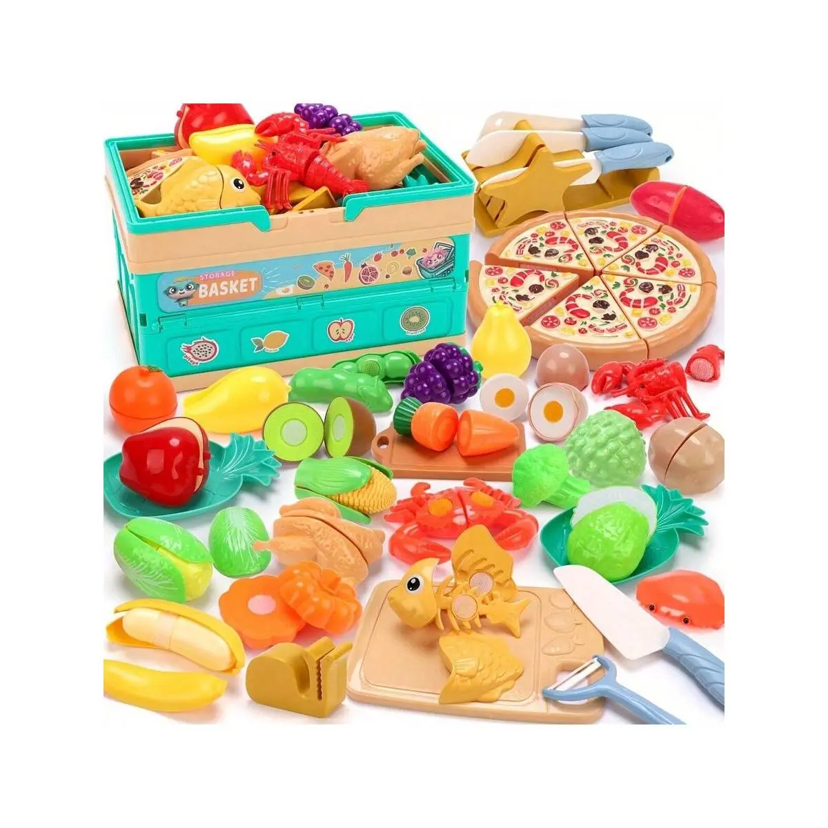 Kids Plastic Pretend Kitchen Cutting Food Toy Set with Basket, Cutting Board, Fruits (Grape), Vegetables (Broccoli, Pumpkin, Corn, Sweet Potato), Turkey - Educational Cooking Role Play Toy for 3-6 Year Old Toddlers, Lobster Incl