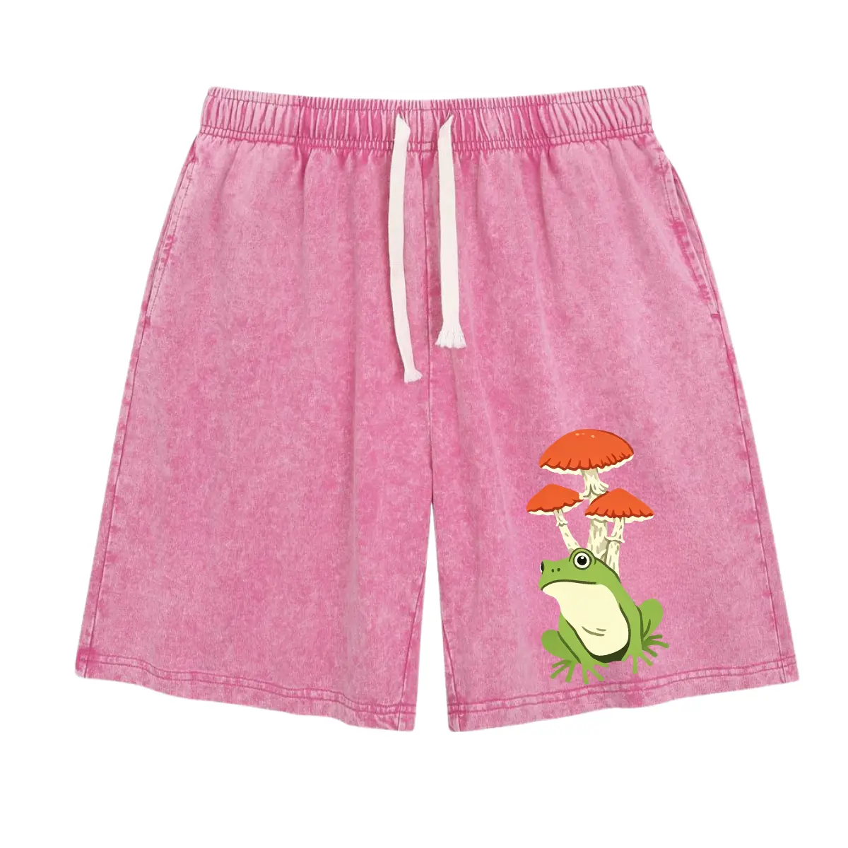 Women's Baggy Cotton Acid Shorts - Wayii Fashion Unisex Retro Pink Cottagecore Frog & Mushroom Print, Adjustable Drawstring, Loose-Fit Cold Wash Nature Casual Streetwear Bottoms, Baggy Cotton Shorts