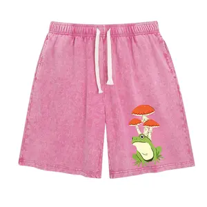 Women's Baggy Cotton Acid Shorts - Wayii Fashion Unisex Retro Pink Cottagecore Frog & Mushroom Print, Adjustable Drawstring, Loose-Fit Cold Wash Nature Casual Streetwear Bottoms, Baggy Cotton Shorts