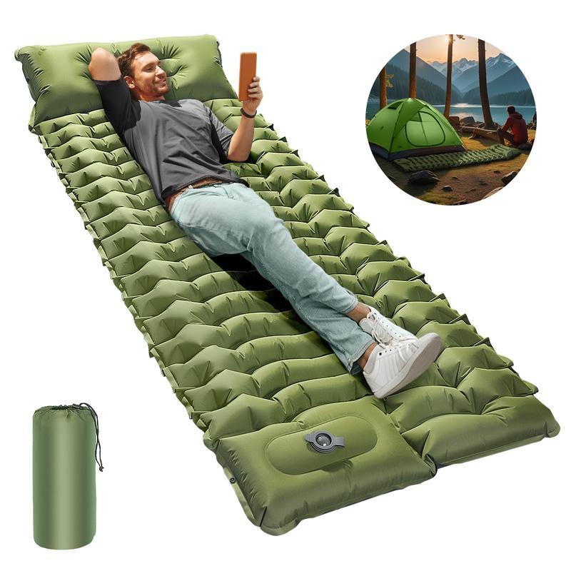 Camping Sleeping Pad with Pillow, Inflatable Sleeping Mat with Built-in Foot Pump, Portable Lightweight Sleeping Bed for Backpacking, Hiking, Traveling, Self Inflating Bed