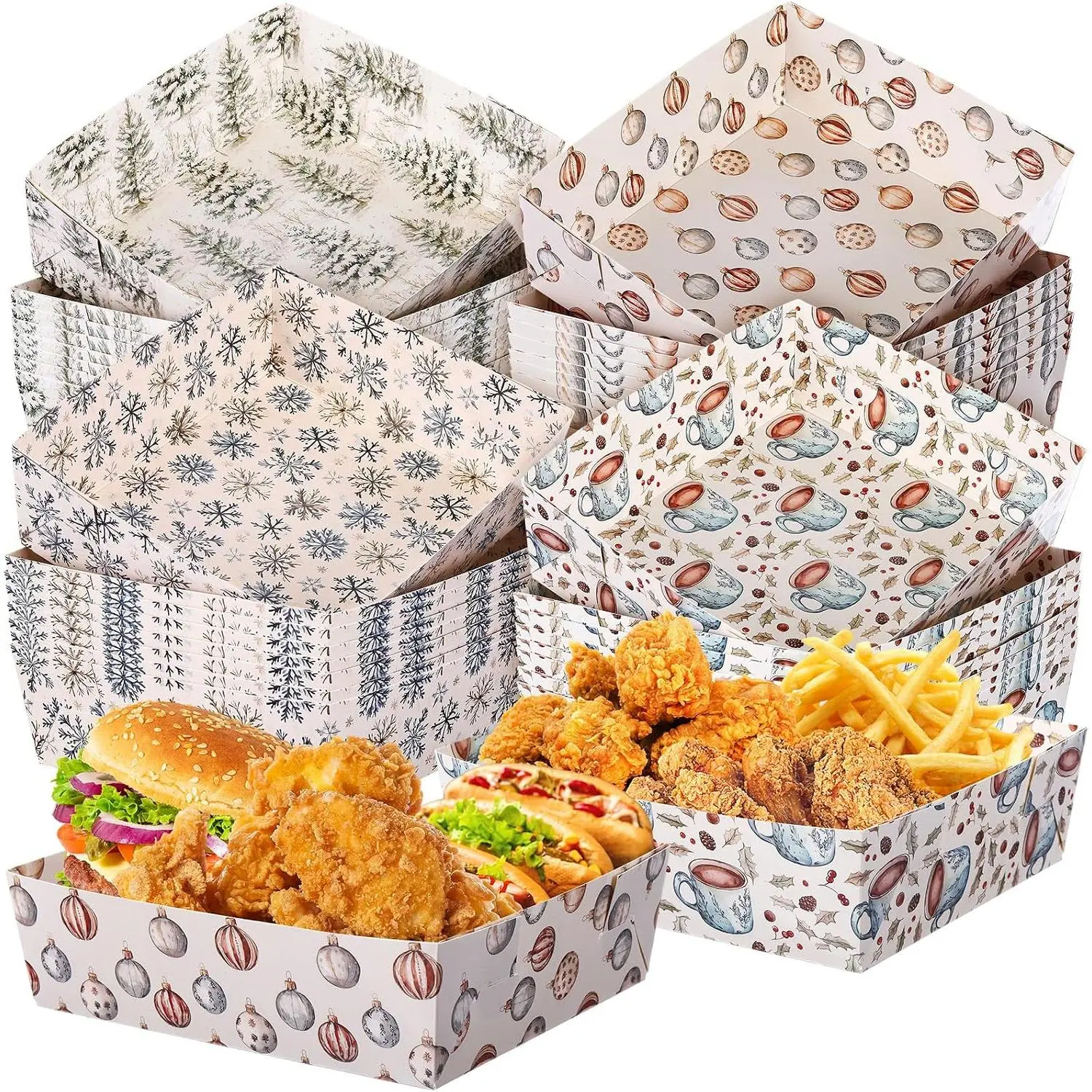 36 Pack 5 lb Large Winter Snowflake Paper  Trays Plates Party Supplies Snack  Serving Boat Nacho Trays Disposable Snack Bowl for Winter Holiday Decorations(Boho)