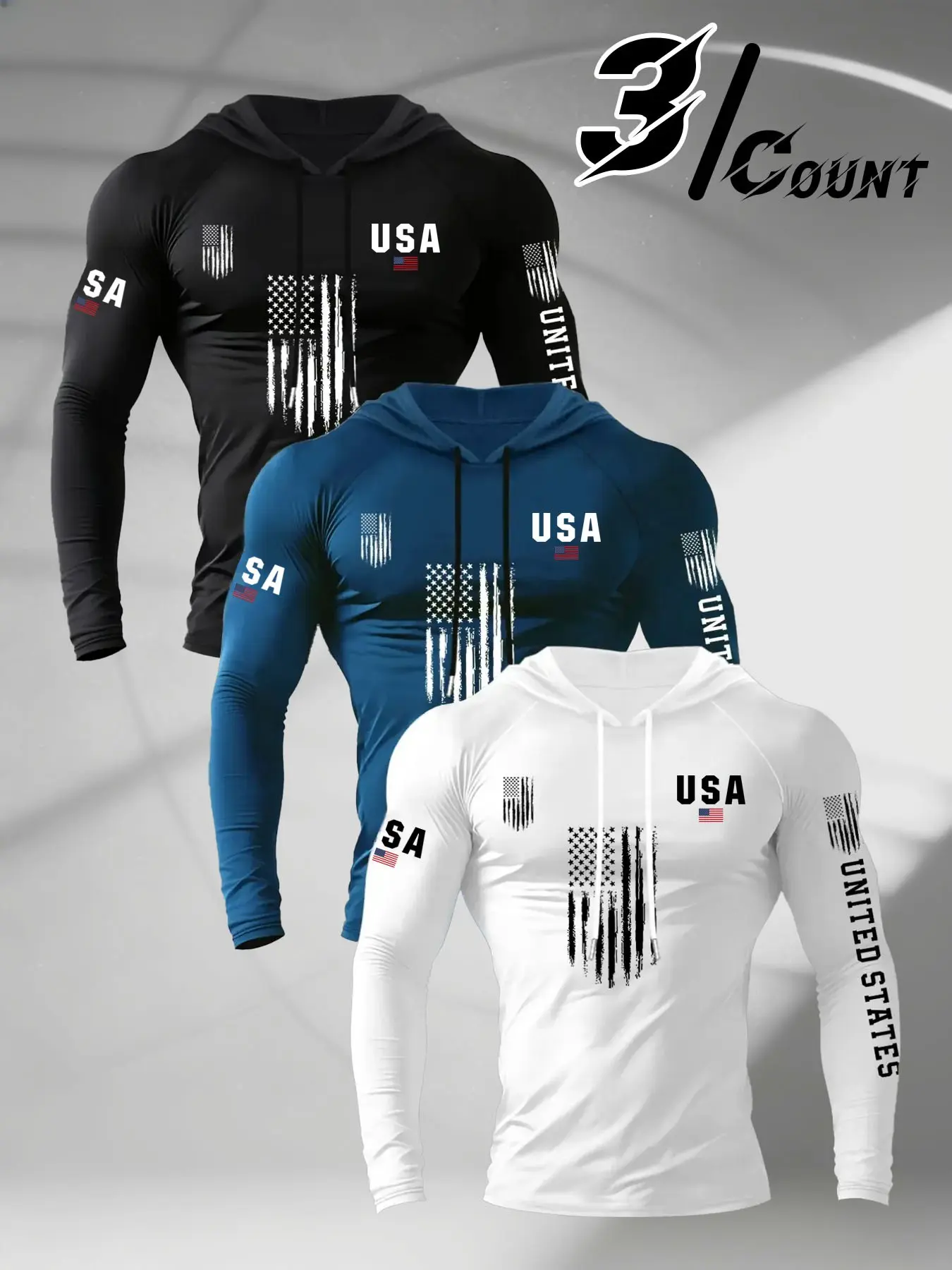 3 Count Men Hooded Long Sleeve Workout Shirts Distressed USA American Flag Graphic Quick Dry Breathable Patriotic Compression Athletic Training Gym Hooded Tops Fitness Gym Activewear Multipack
