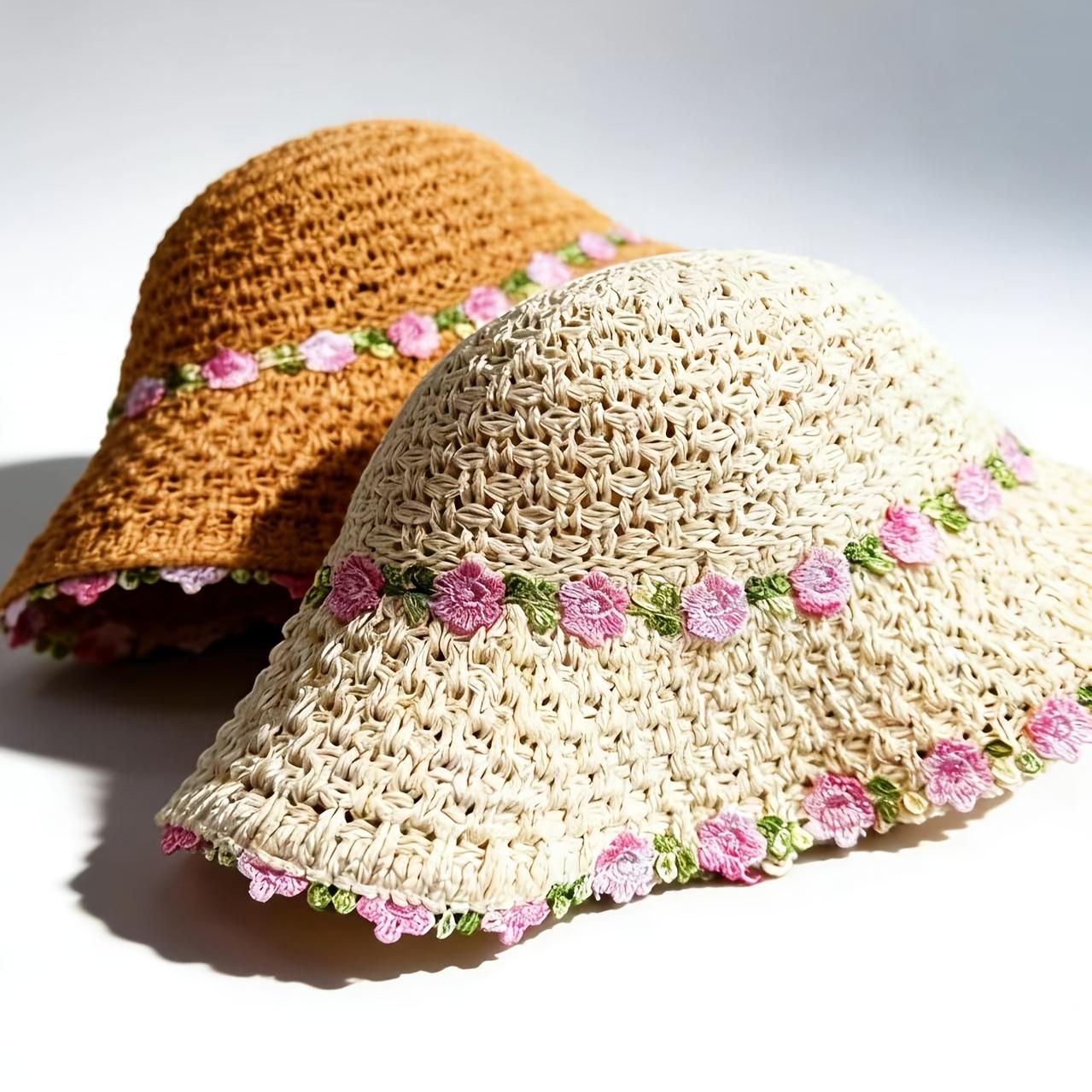 Women's Fashion Summer Floral Straw Hat - Purely hand-woven, light and breathable foldable beach hat with floral embellishments, perfect for casual wear, travel and outdoor activities, the ideal wide-brimmed summer hat gift for women