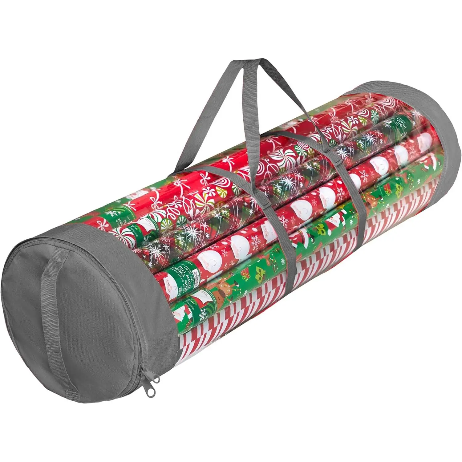Round Christmas  Wrapping Paper Organizer Storage - 40 Inch  Wrap Storage Containers - Wrapping Paper Holder, Clear PVC with Durable 600D Oxford Fabric, Fits 25 Standard Rolls - Gray