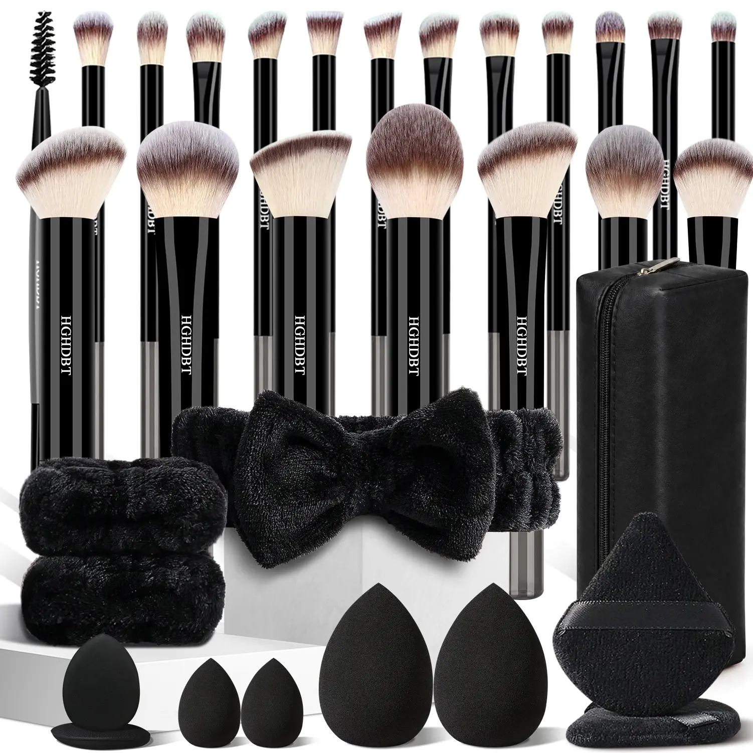 HGHDBT Professional Makeup Brush Set, Cosmetic Brushes Kit, 20 Black Brushes, 8 Makeup Puffs, 1 StoreBag, Headband & Wristband, Strong Powder-Gripping Power, Portable And Practical Travel Makeup Tools, Eyeshadow Brushes, Compatible with Various Products