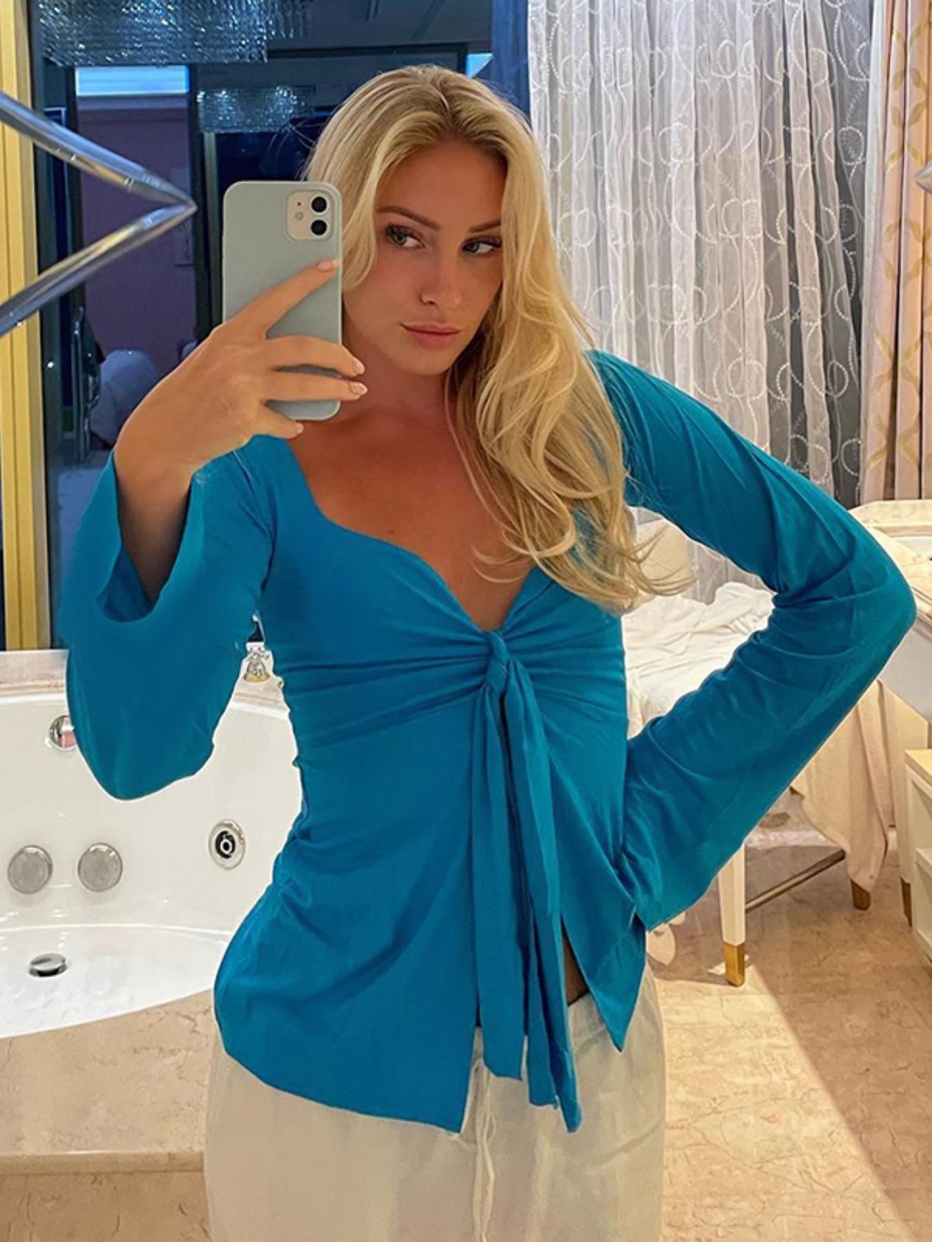 Women's Solid Knot Front Split Hem Tee, Casual Long Sleeve Sweetheart Neck T-Shirt for Fall, Women's Clothing for Daily Wear