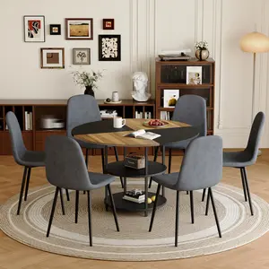 Aobtkel Wood Indoor Dining Table & Chair Set - 47.3-in Splicing Circular Table (MDF & Metal, Fan Panels, 2 Storage Layers, 23.6-in Lower Layer), 6 Dark Gray Linen Ergonomic Chairs (Iron Pipe Legs), Detailed Manual, W1151S03333