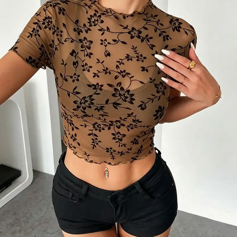 Summer New Plush Ditsy Floral Mesh Top for Women, Slim-Fitting Short Sleeve Half-Neck Ruffle T-Shirt, No Lining, Aesthetic, Fashionable and Trendy