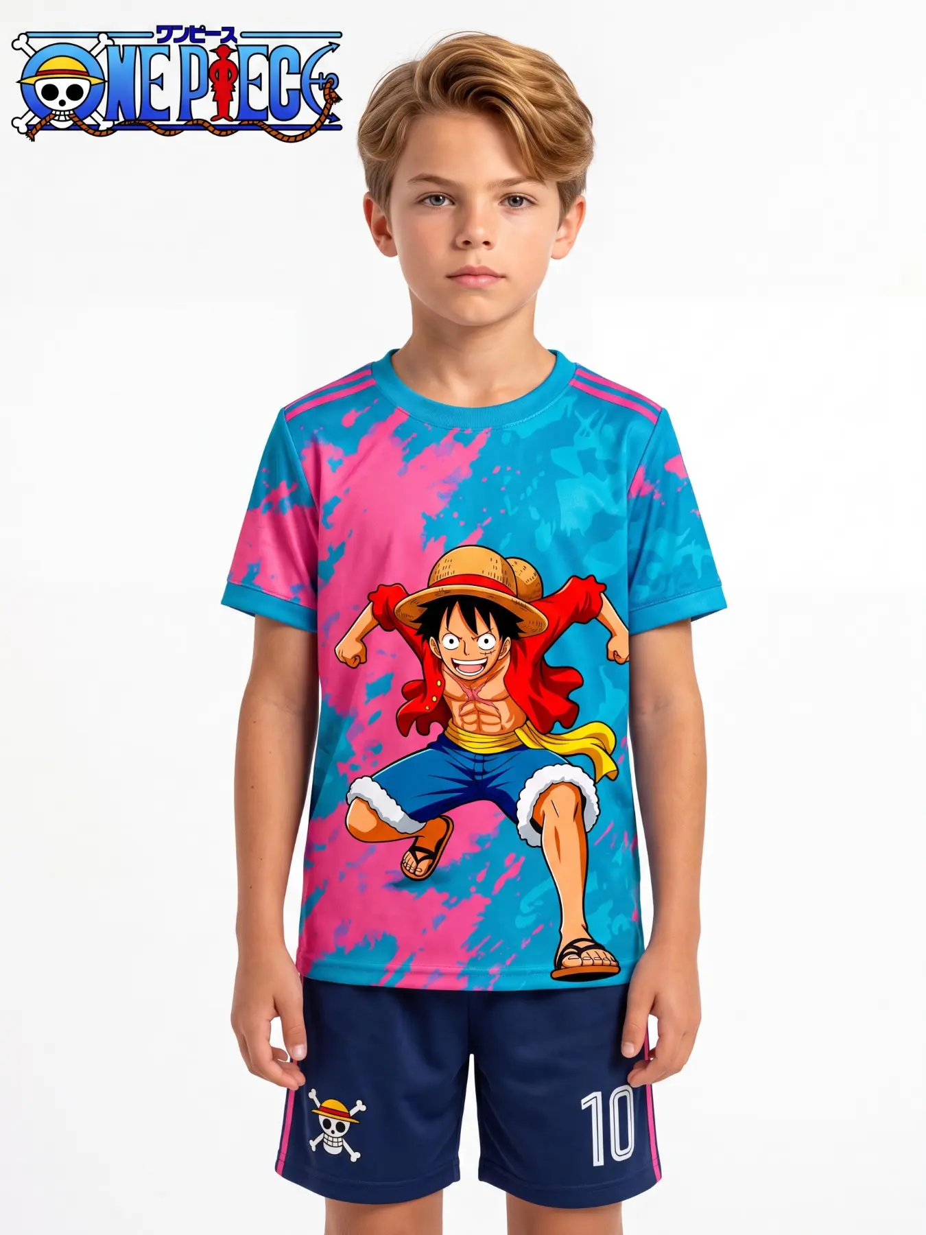 Authentic Genuine Licensed Official One Piece Kids Football Matching Suit Age 4-13, Anime Luffy Full Color Graphic Soccer Uniform 2 Piece Outfit, Lightweight Warm Retain Soft Touch Fabric, School Sports Day Backyard Game Family Holiday Boys Loungewear