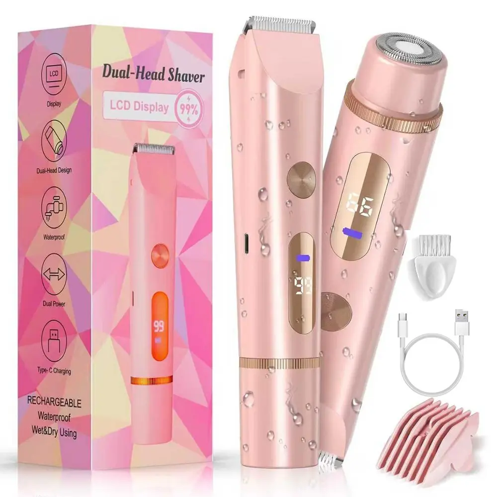 Bikini Trimmer for Women, Electric Shaver and Razor Rechargeable 2-in-1 Body and Facial Epilator, Dual Heads for Painless Trimming of Pubic Hair, Face, Underarms and Legs, Summer Gift