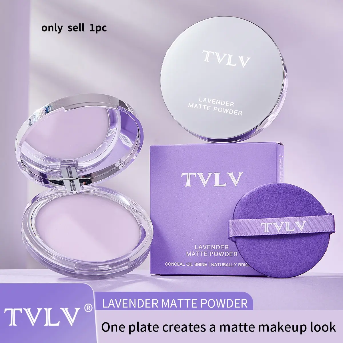 Lavender Setting Powder, Setting Cream, Waterproof Long-Lasting Makeup, Soft Focus Concealer, Brightening Effect, Includes Powder Puff