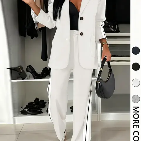 Women's Fall Winter Striped Long Sleeve Blazer + Wide Leg Pants Set, Fashion Suit, Casual Daily Wear, Home & Essential, 2-Piece Ensemble