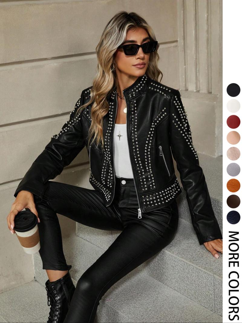 Women's Spring Autumn Jacket, Casual Fitted Long Sleeve, Vintage Stand Collar, Rivet Motorcycle Jacket with Zipper Pockets