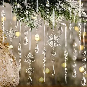 18pcs Christmas Tree Decor Crystal Ornaments - Hanging Acrylic Snowflake Icicle Drop Decorations for Xmas Tree Winter New Year Party Supplies