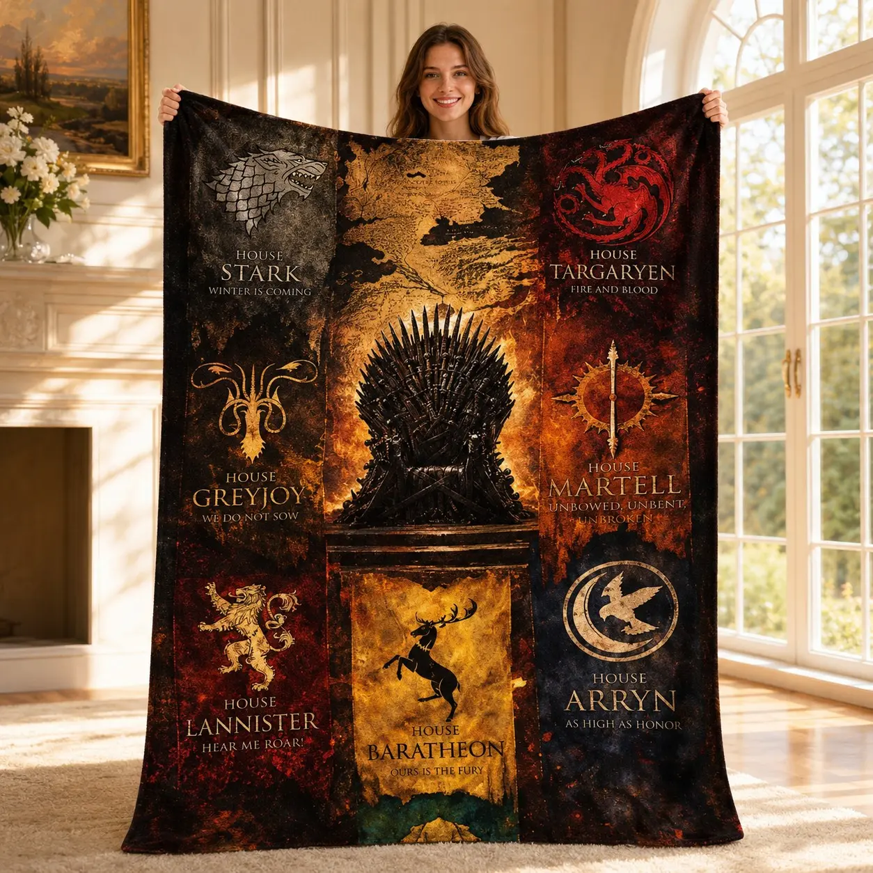 1PC Game Of Thrones Iron Throne Nine Great Houses Sigils Vintage Distressed Print Flannel Blanket, Soft Skin-Friendly Anti-Pilling Machine Washable Lightweight Warm, Suitable For All Seasons, For Home Sofa Rest, Bedroom Naps, Movie Themed Home Decor, For