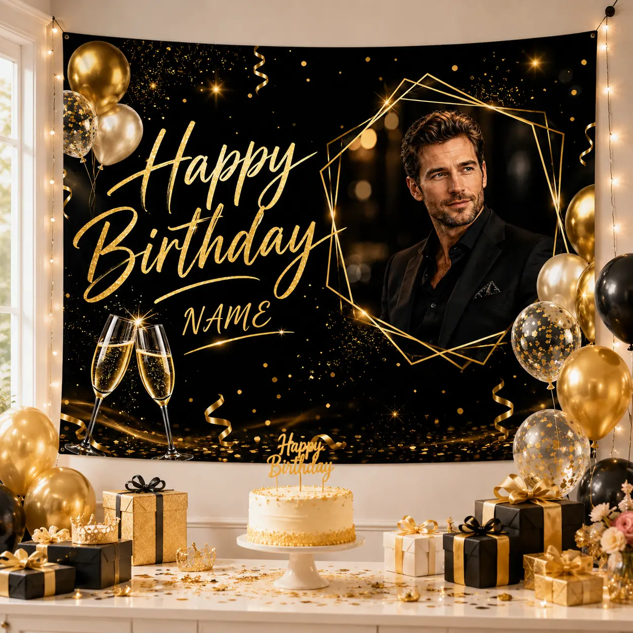 Personalized Black Gold Birthday Backdrop with Custom Photo & Name, Elegant Luxury Adult Party Banner with Balloons Gifts, Birthday Photo Booth Background Decor