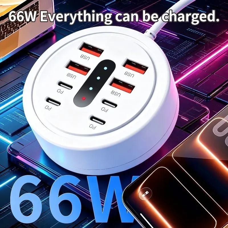 66w Multi-Function Travel Charger, Round USB-C Charging HUB, 8 Port PD Fast Charge, 4 USB-A + 4 USB-C, Compatible with Smartphones, Laptops, Tablets