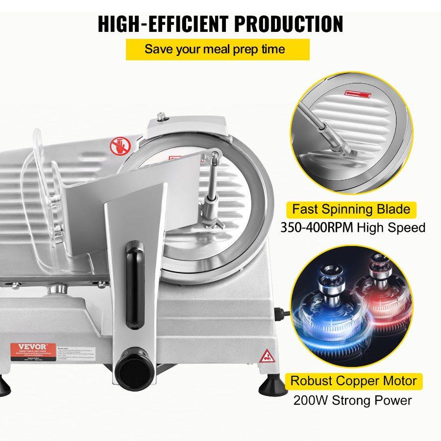 VEVOR Commercial Meat Slicer, 200W Electric Deli Food Slicer, 350-400RPM Meat Slicer with 8 Carbon Steel Blade, 0 - 0.47 inch Adjustable Thickness Electric Meat Slicer for Home and Commercial Use