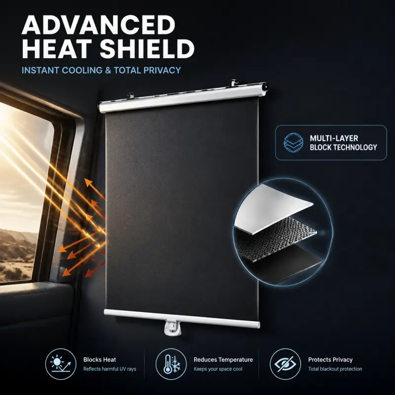 Drill-free Suction Cup Blackout Roller Shade, Instant Cooling & Privacy Protection. One-touch Retractable Design, Simple and Convenient to Use. Window Shade Cover, Retractable Sun Shade