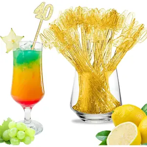 Reallnaive 100 Pcs 40th Birthday Drink Stirrers Gold Glitter Cocktail Stirrers Plastic Swizzle Sticks 7.5 Inch Fall Birthday Cupcake Toppers Sticks Bulk for Coffee Bar Cake Pops Christmas Party Favor