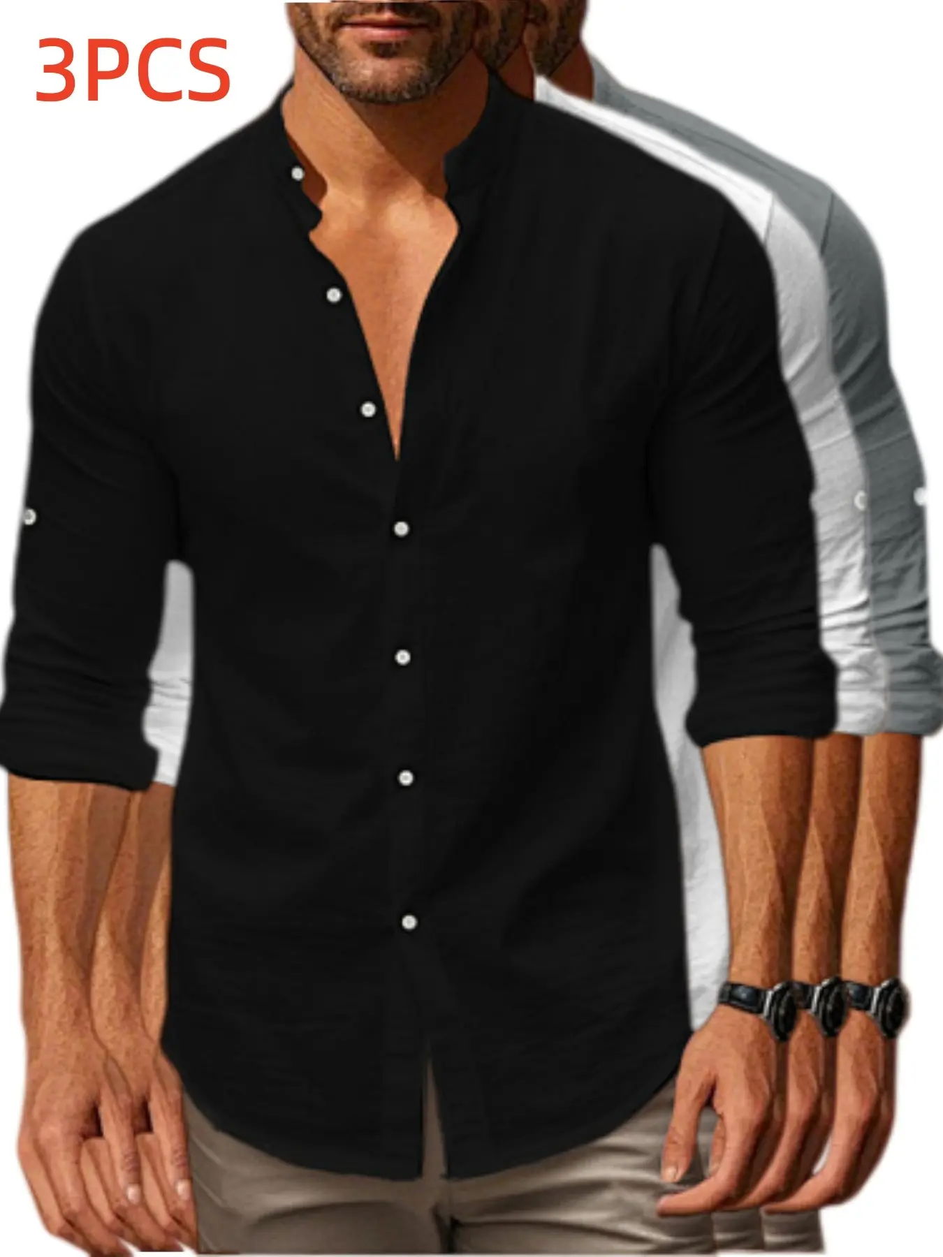 3pcs Men's Linen Loose Fit Casual Long Sleeve Shirt, Stand Collar Button Front Full Placket, Rollable Sleeves, All Seasons