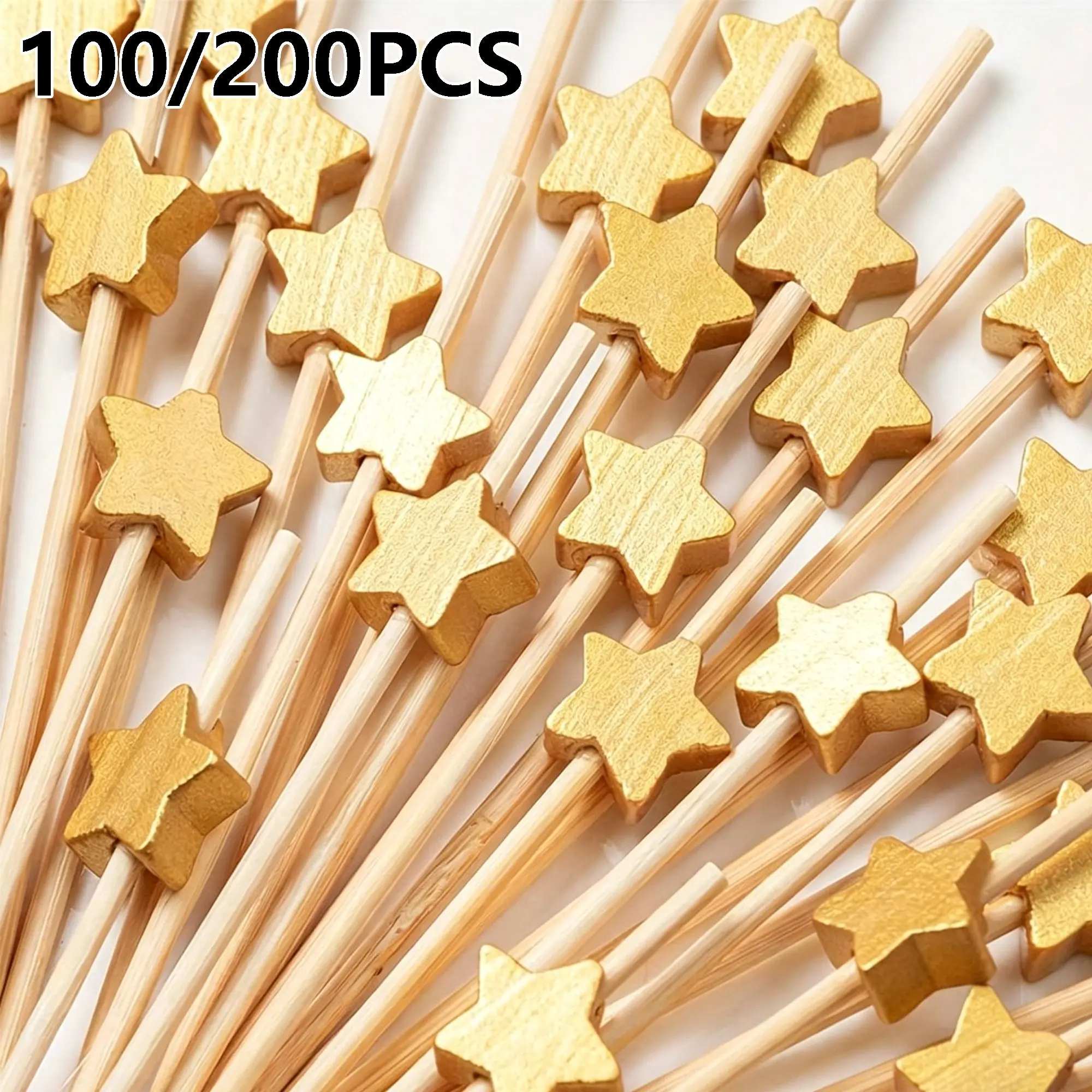 100/200pcs Shiny Star Decorative Picks, Handmade Wooden, Ideal for Party Decoration, Appetizer Accessories, Outdoor Activities, Camping
