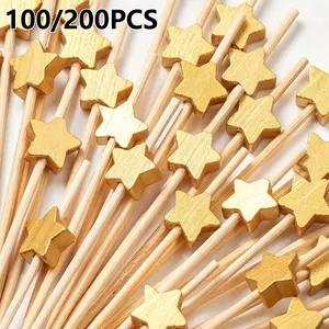 100/200pcs Shiny Star Decorative Picks, Handmade Wooden, Ideal for Party Decoration, Appetizer Accessories, Outdoor Activities, Camping