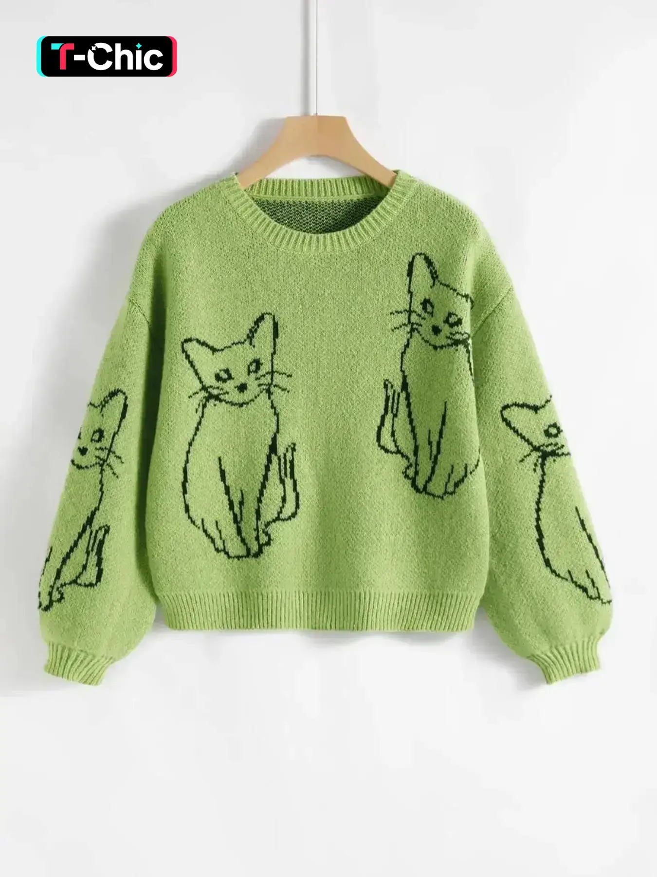 Women's Cartoon Cat Family Animal Pattern Sweater, Casual Loose-Fit Long Sleeve Drop Shoulder Knitted Top, Fall & Winter Fashion
