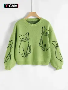 Women's Cartoon Cat Family Animal Pattern Sweater, Casual Loose-Fit Long Sleeve Drop Shoulder Knitted Top, Fall & Winter Fashion