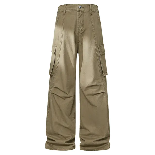 Men's Plain Cotton Cargo Pants, Stylish American Retro 90s Wide-Leg Trousers with Pleated Multi-Pocket Design for All-Season Wear, 90S Straight Style, 90S Wide-Leg Men's Jeans
