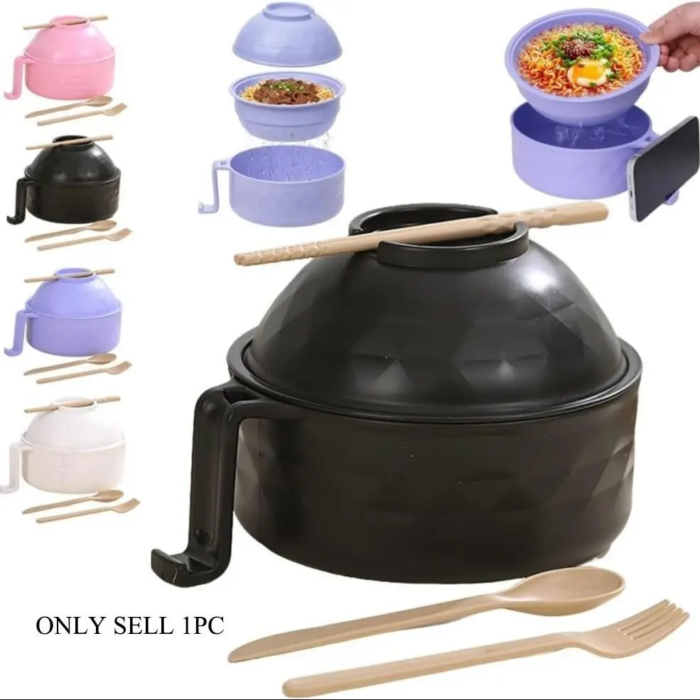 Microwave Safe Ramen Bowl Set with Chopsticks, Lid, and Handle, Portable Noodle Bowl Kit for Home, Office, Dorm, Dishwasher Safe, Ramen Noodle Tableware