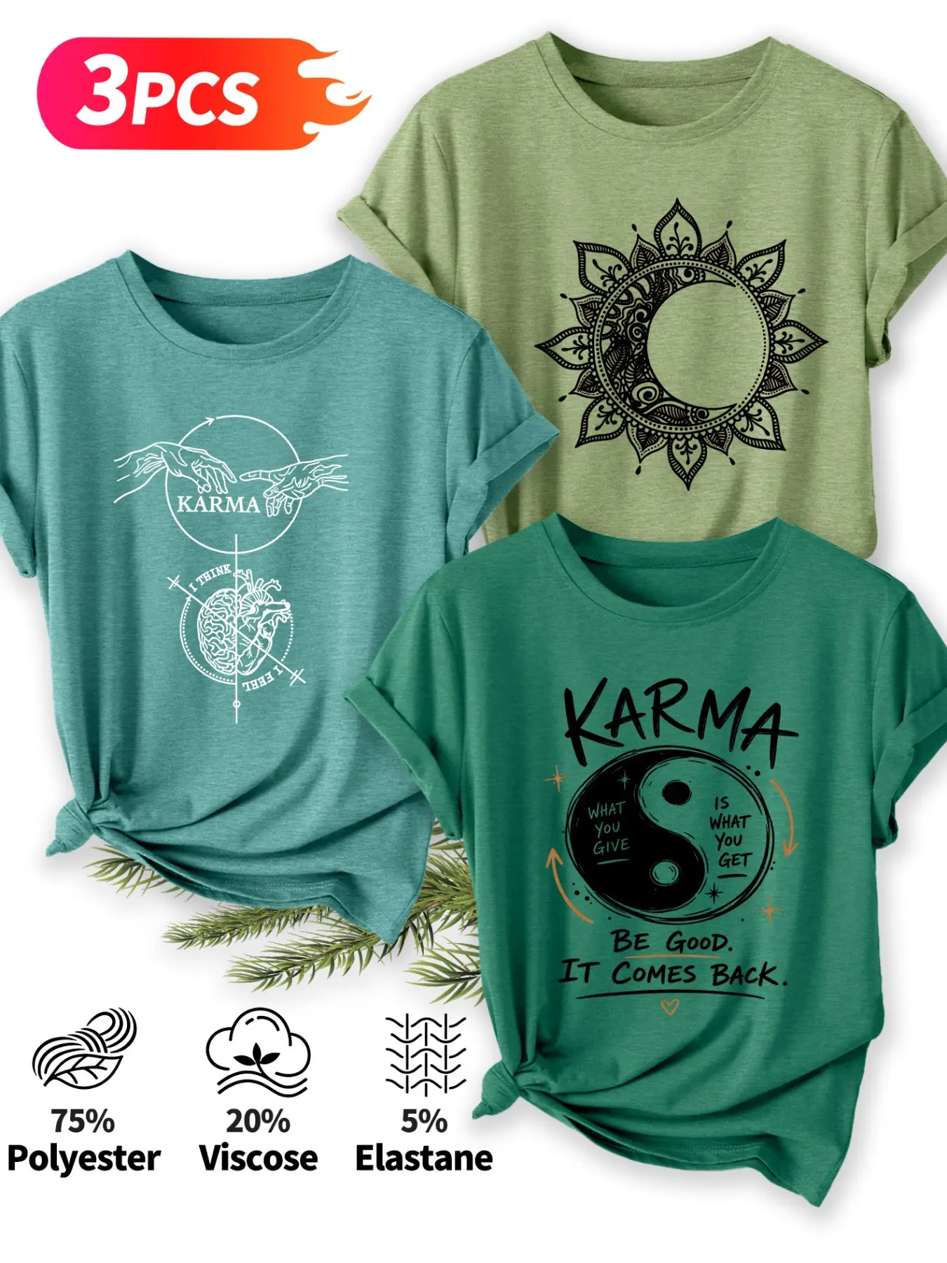 3Pcs Women Crew Neck T-Shirt, Yin Yang Mandala Karma Philosophy Minimal Line Print, Multi-color Washable Spring Summer Top, Soft Skin-friendly Fabric Daily Versatile Fashion Design